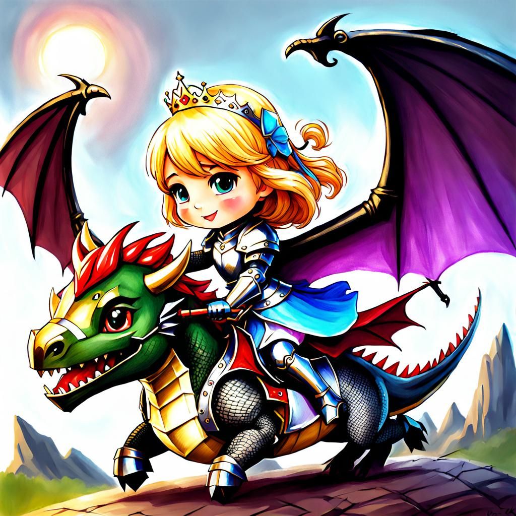 Chibi Knight and Princess Ride Dragon in Pencil Drawing