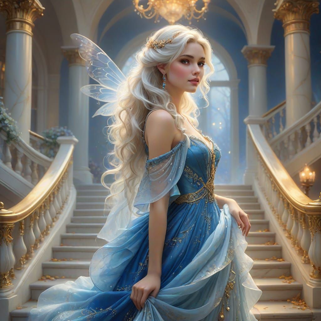 Ethereal Fantasy Fairy Descends Majestic Marble Staircase