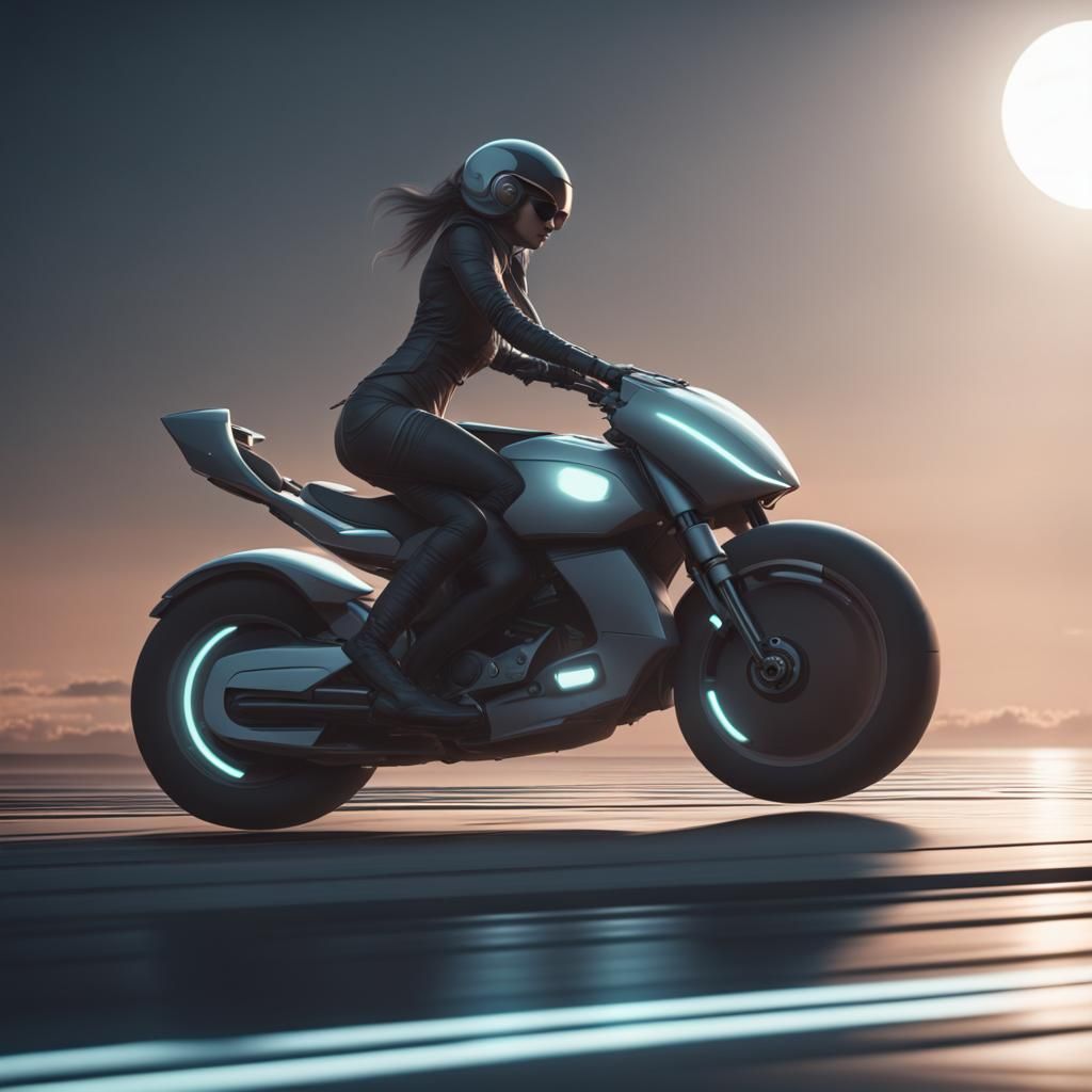 Futuristic Woman on Flying Motorcycle in Moonlight