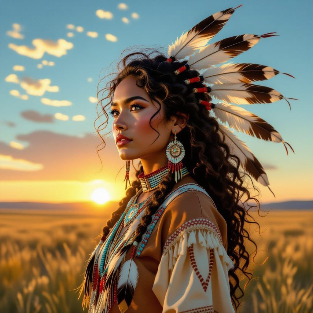 Indigenous Woman on Prairie at Sunset, Painterly Style