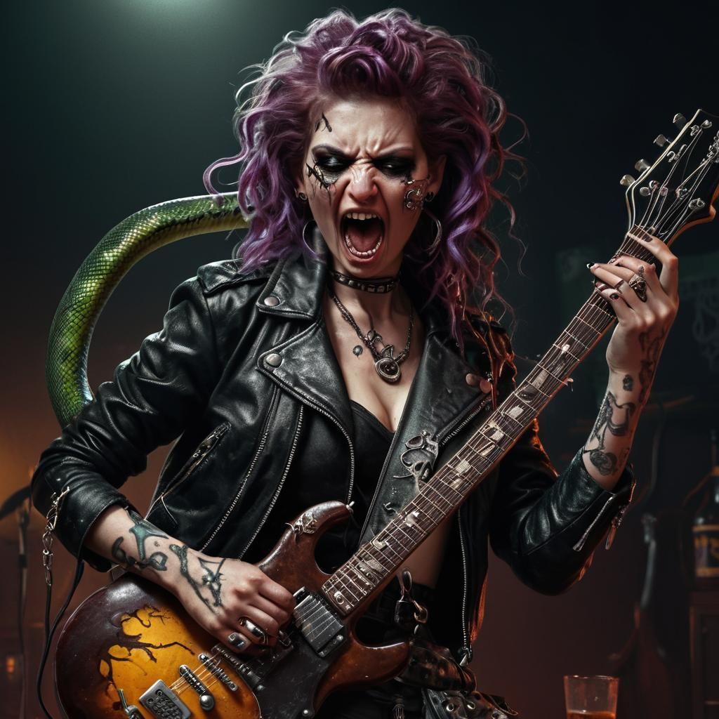 Punk Medusa Plays Guitar in Moody Concept Art