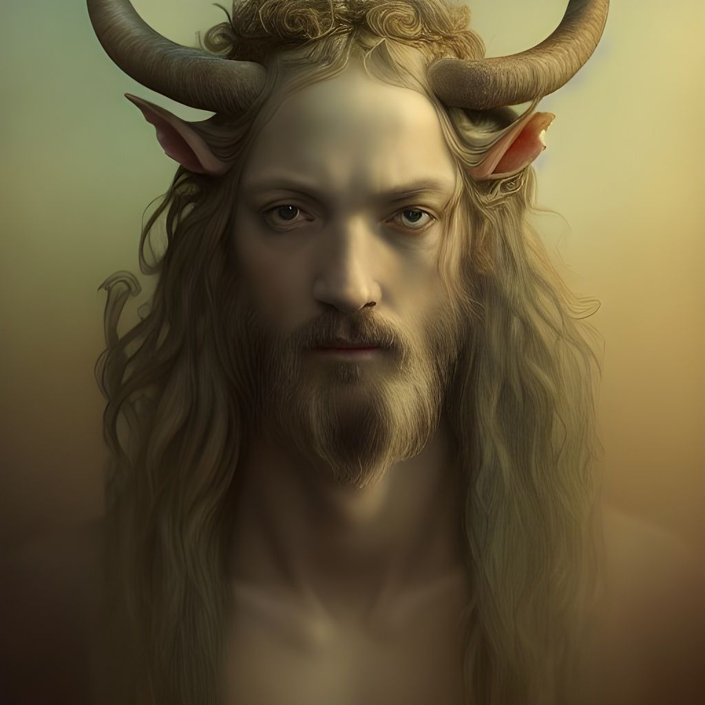 Detailed Satyr with Horns in Pre-Raphaelite Style