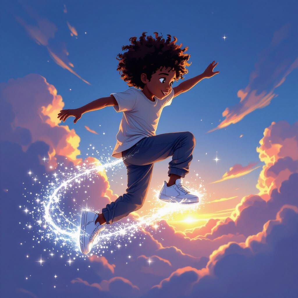 Boy Flying on Magic Shoes Leaving Silver Trail