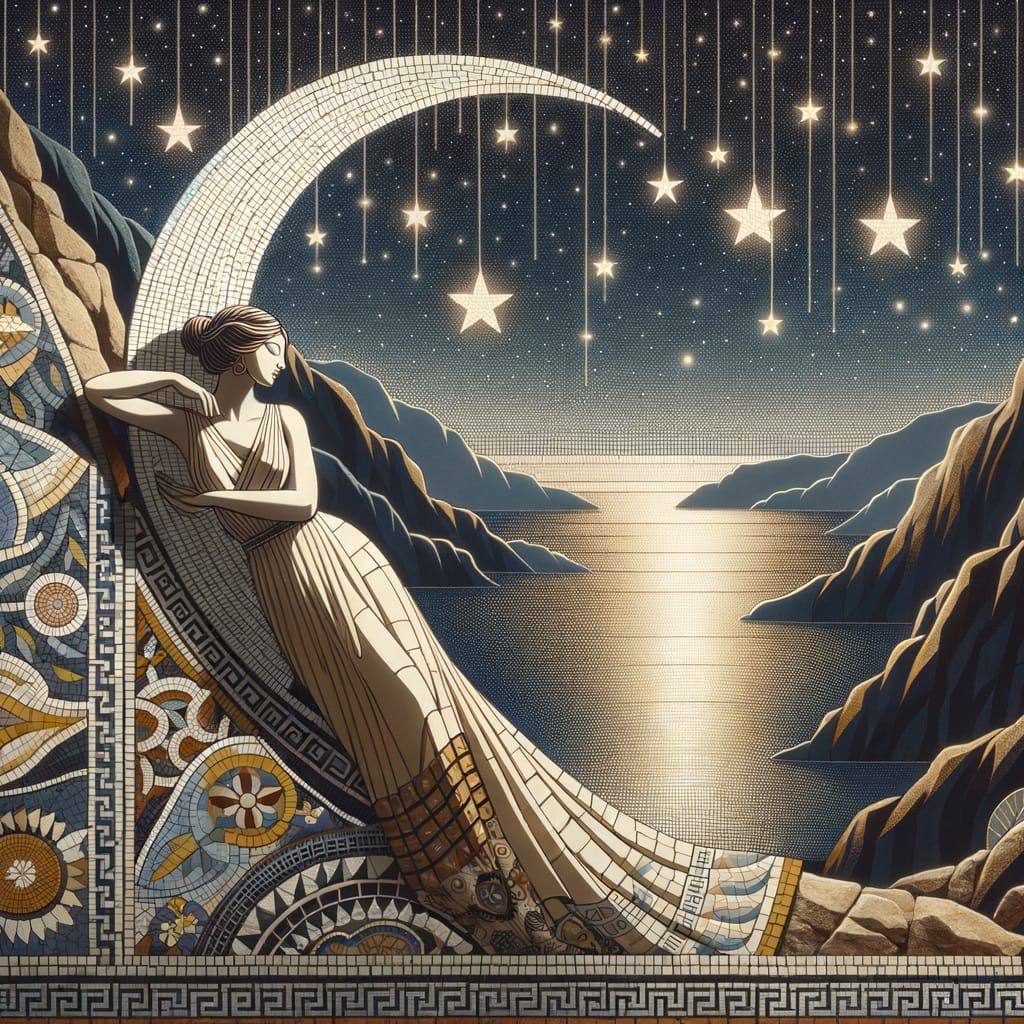 A serene Greek woman with flowing robes, standing on a cliff...