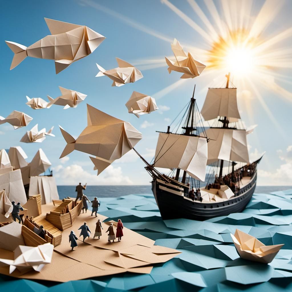 Pilgrims Arrive at Plymouth Rock in Origami Style