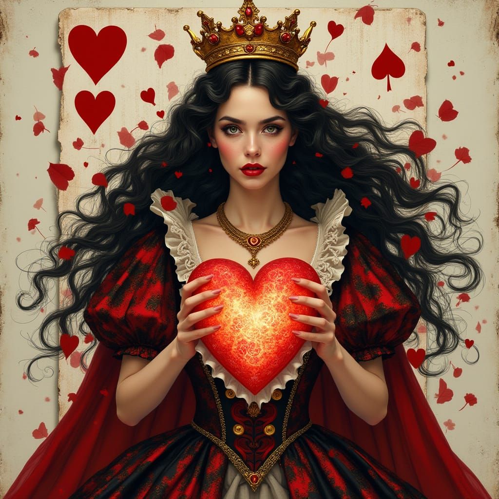 Regal Queen of Hearts Unfurls from Card, Surrounded by Whims...