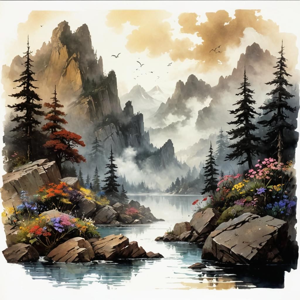 Dramatic Mountain Lake with Wildflowers, Watercolor Style