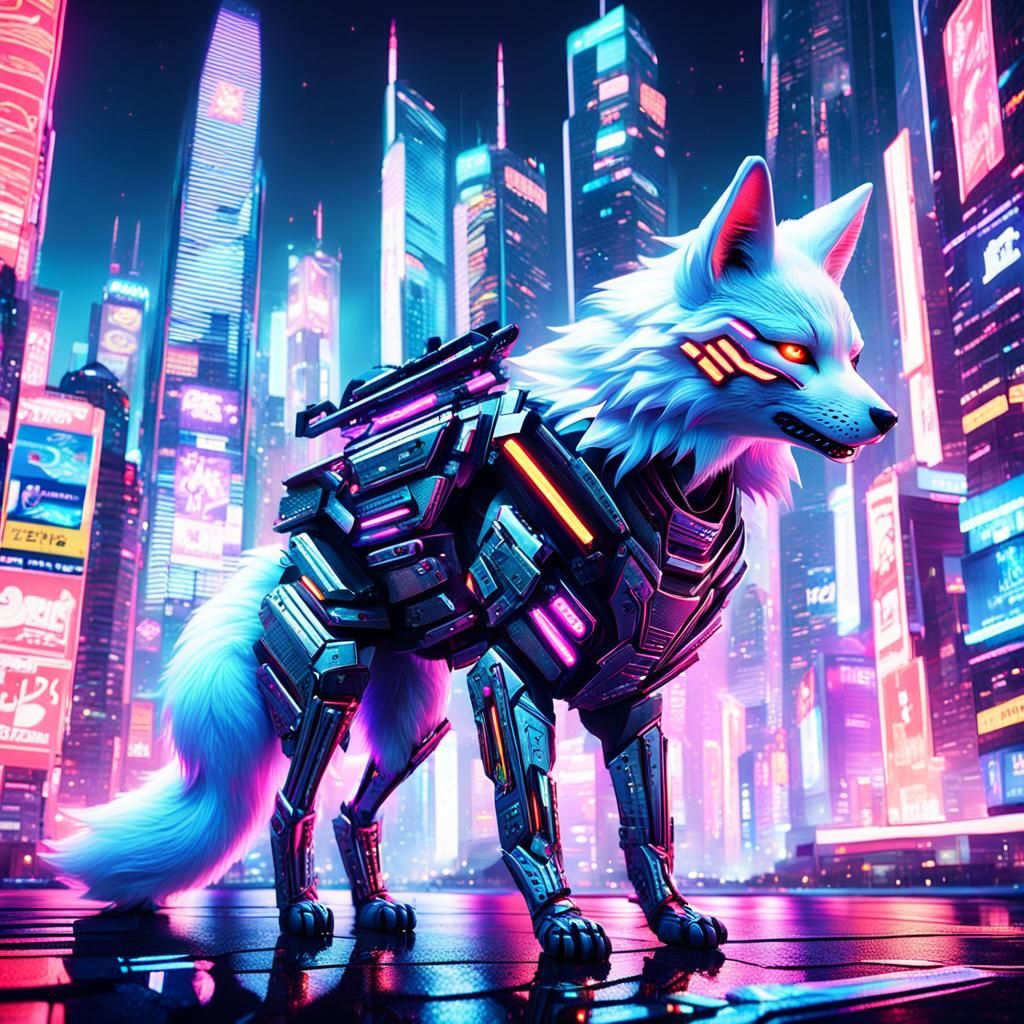 Cyberpunk Kitsune in Futuristic Cityscape