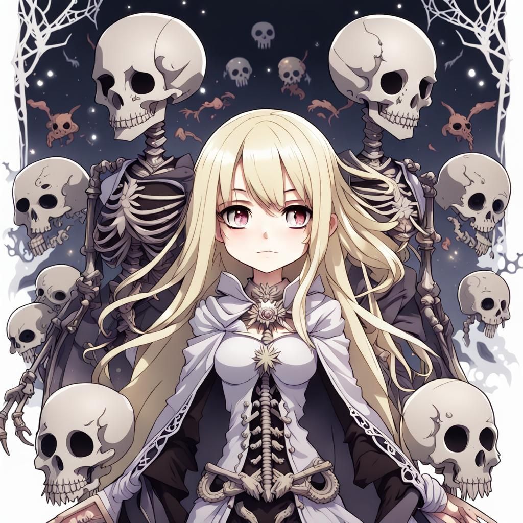Chibi Anime Necromancers Surrounded by Skeletons