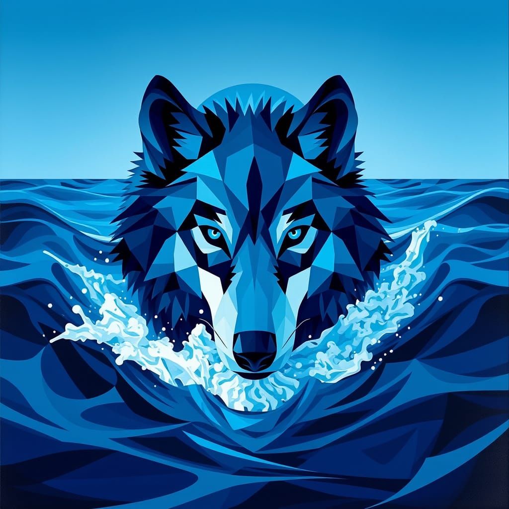 Neo-Cubist Water Wolf Emerging from Ocean Surf