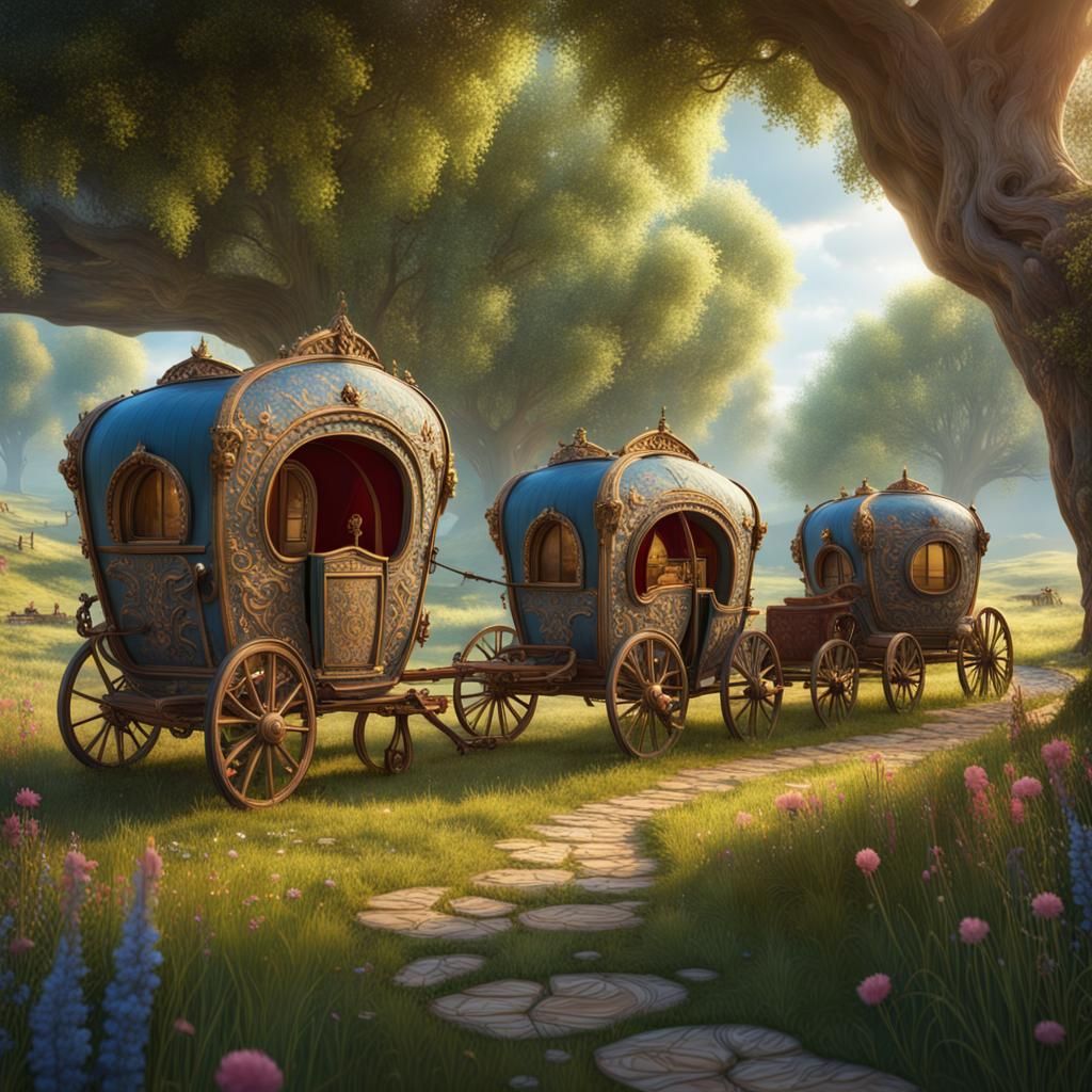 Whimsical Caravan Camp in Meadow: Fantasy Concept Art