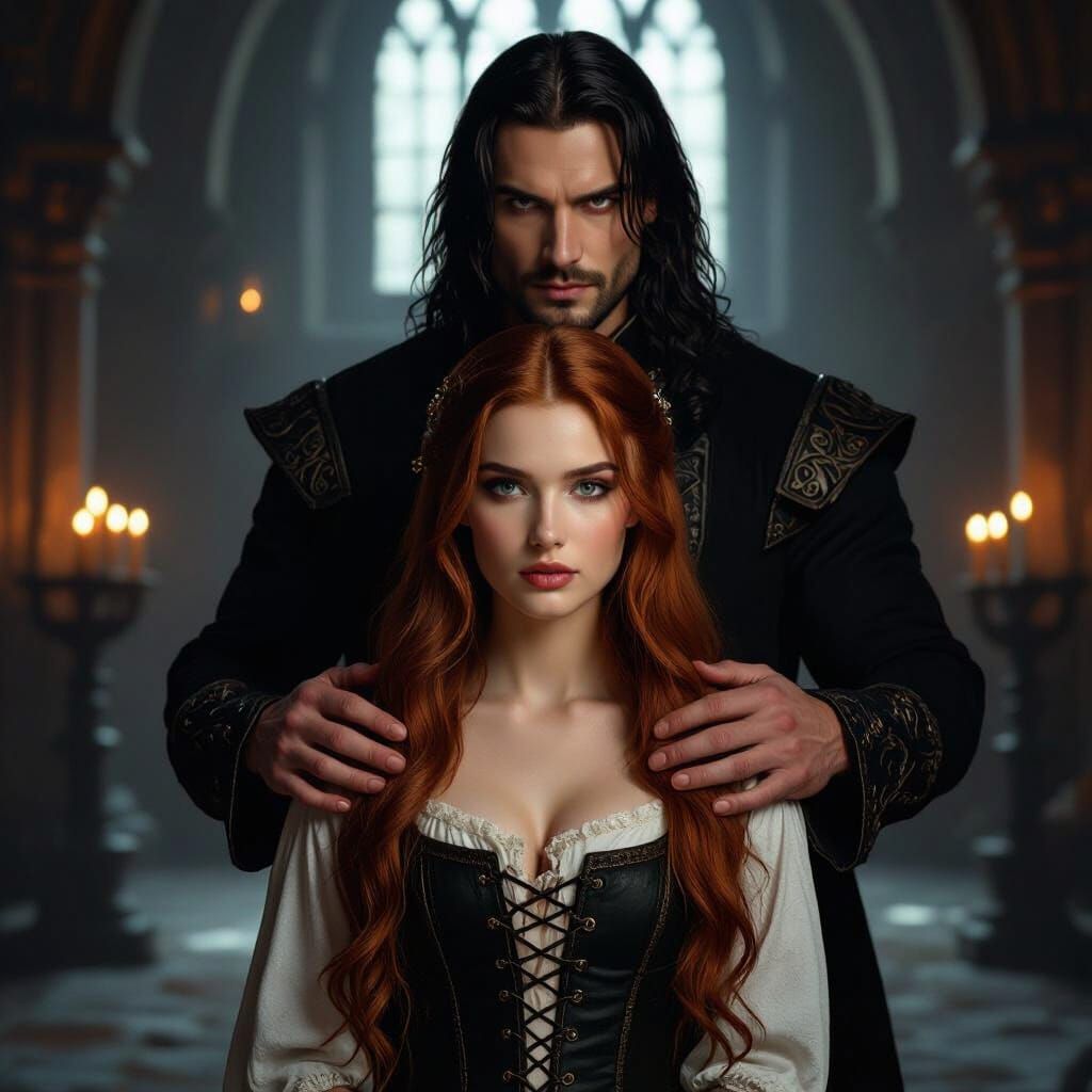 Gothic Romance: Woman in Medieval Chamber with Protective Ma...