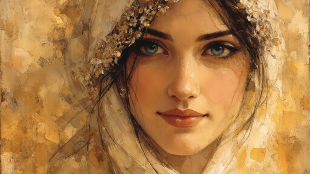 Veiled Woman in Desert Sands, Klimt-Inspired Portrait