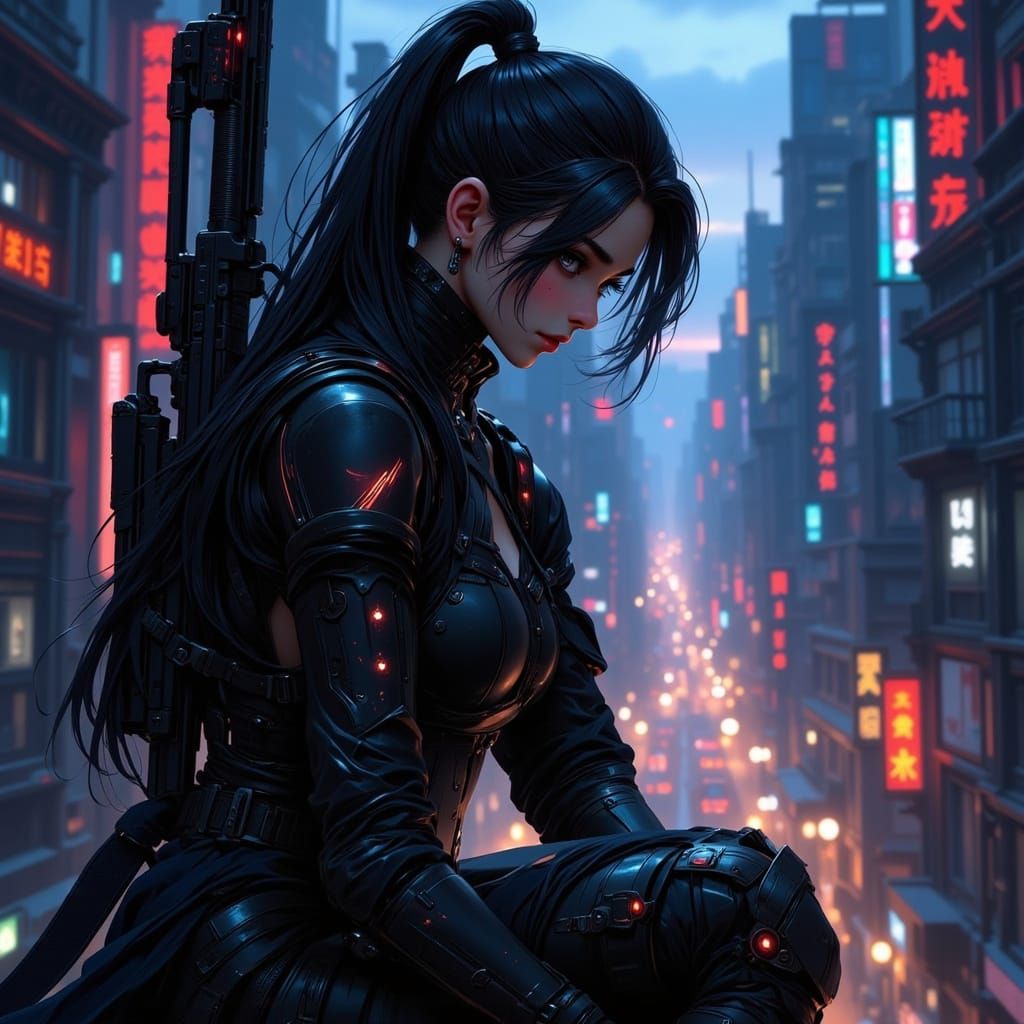 Rooftop Vigil: Dark Fantasy Woman in Armor
