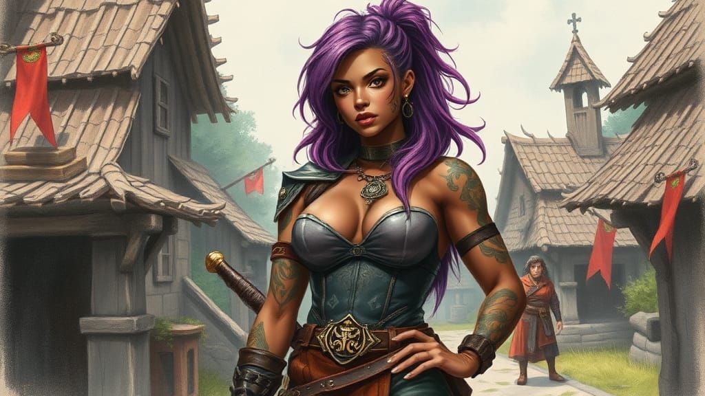 Fantasy Village Scene as Hyperdetailed Charcoal Drawing