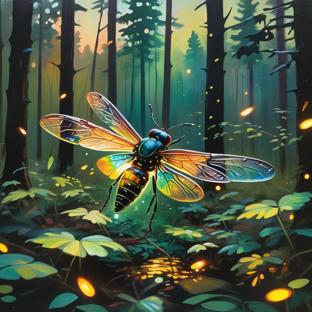Firefly in Lush Forest: Oil Painting
