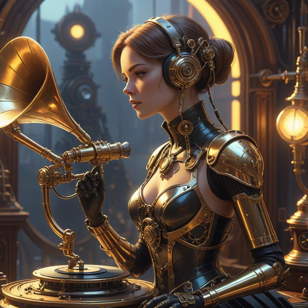 Steampunk Cyborg Nightingale Singing on Gramophone