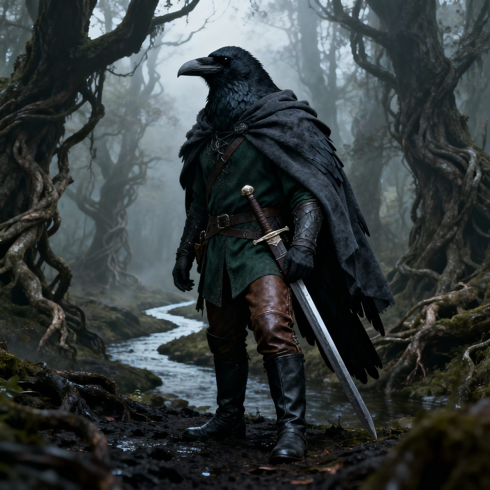 Majestic Raven Ranger in Gloomy Ancient Forest