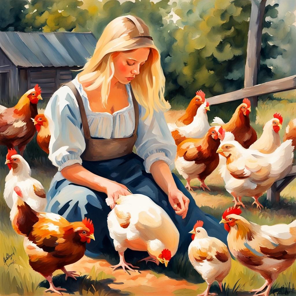Polish Woman Feeding Chickens in Gouache Style