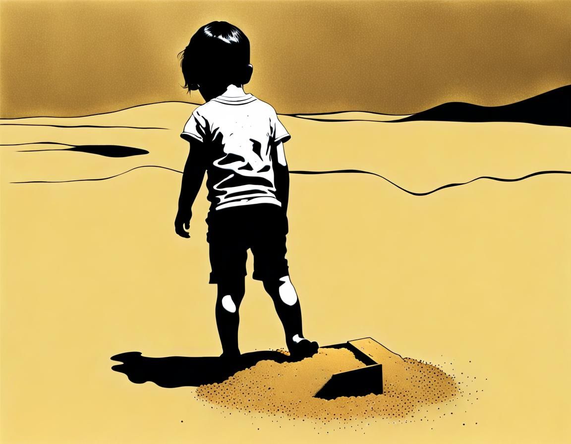 Minimalist Child in Desolate Black Sandbox
