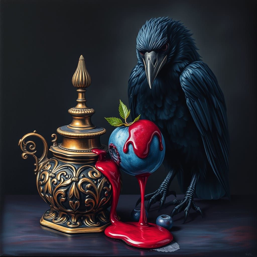 Dark Raven Amidst Poisonous Blueberry in Moody Oil Painting