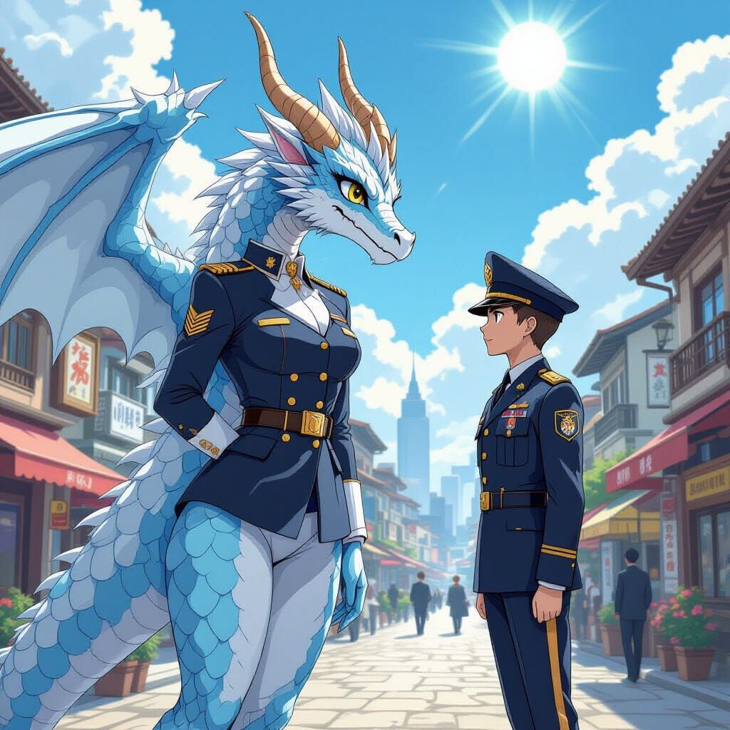 Anime Dragon Girl Officer in Bustling City