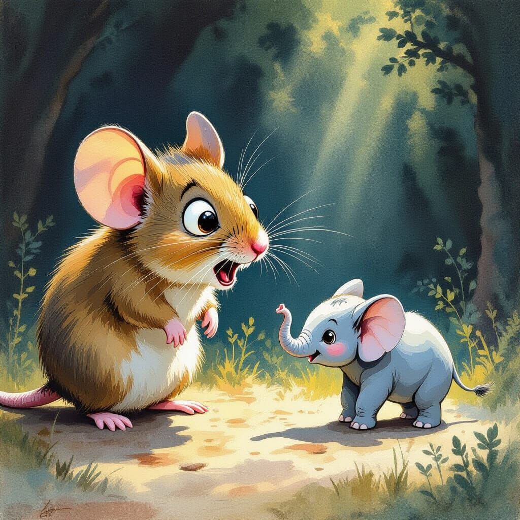 Giant Mouse Fears Tiny Elephant in Gouache Painting