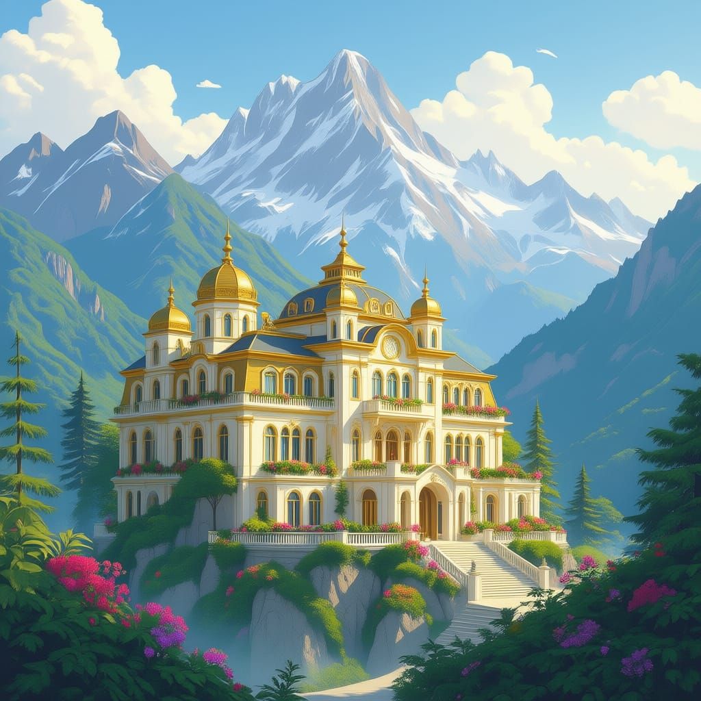 Grand Golden Mansion Amidst Flowery Mountains