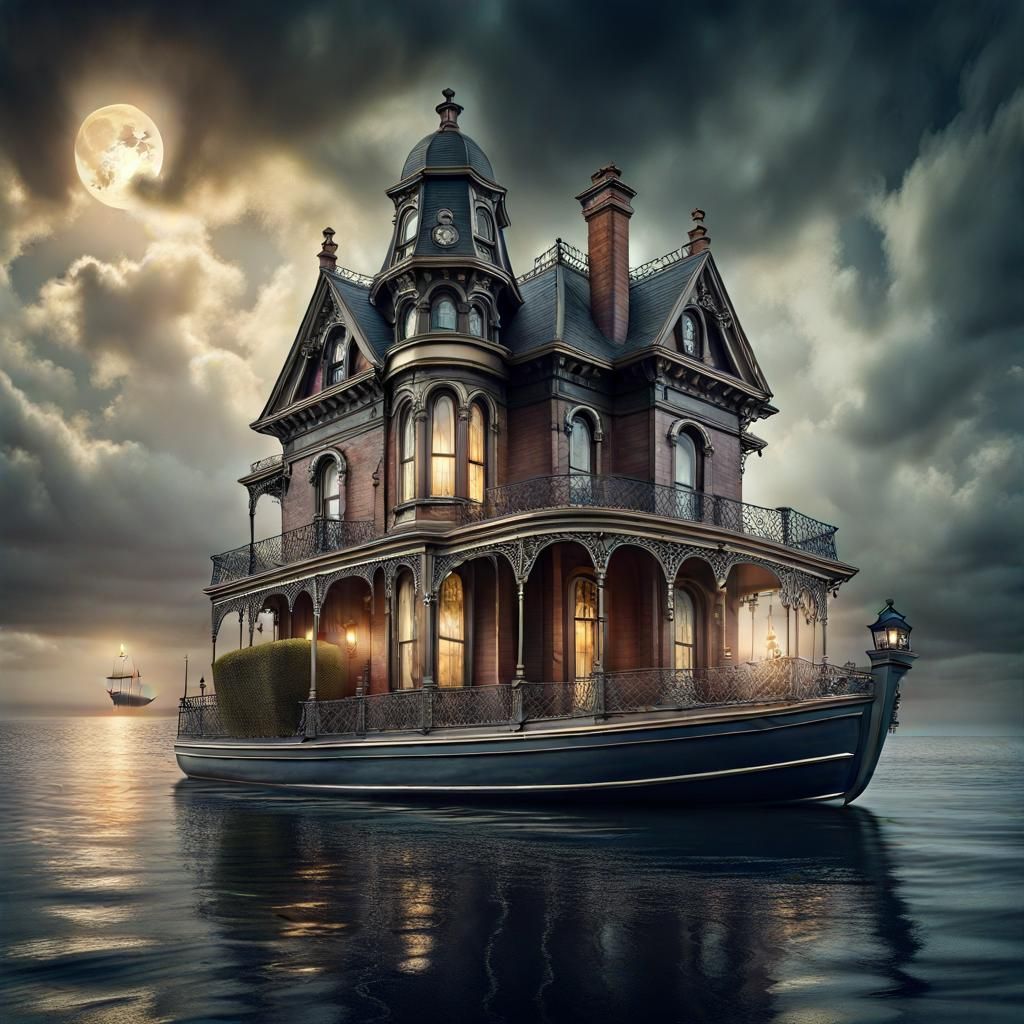 Victorian Haunted Mansion on a Boat: Hyperrealistic Seascape