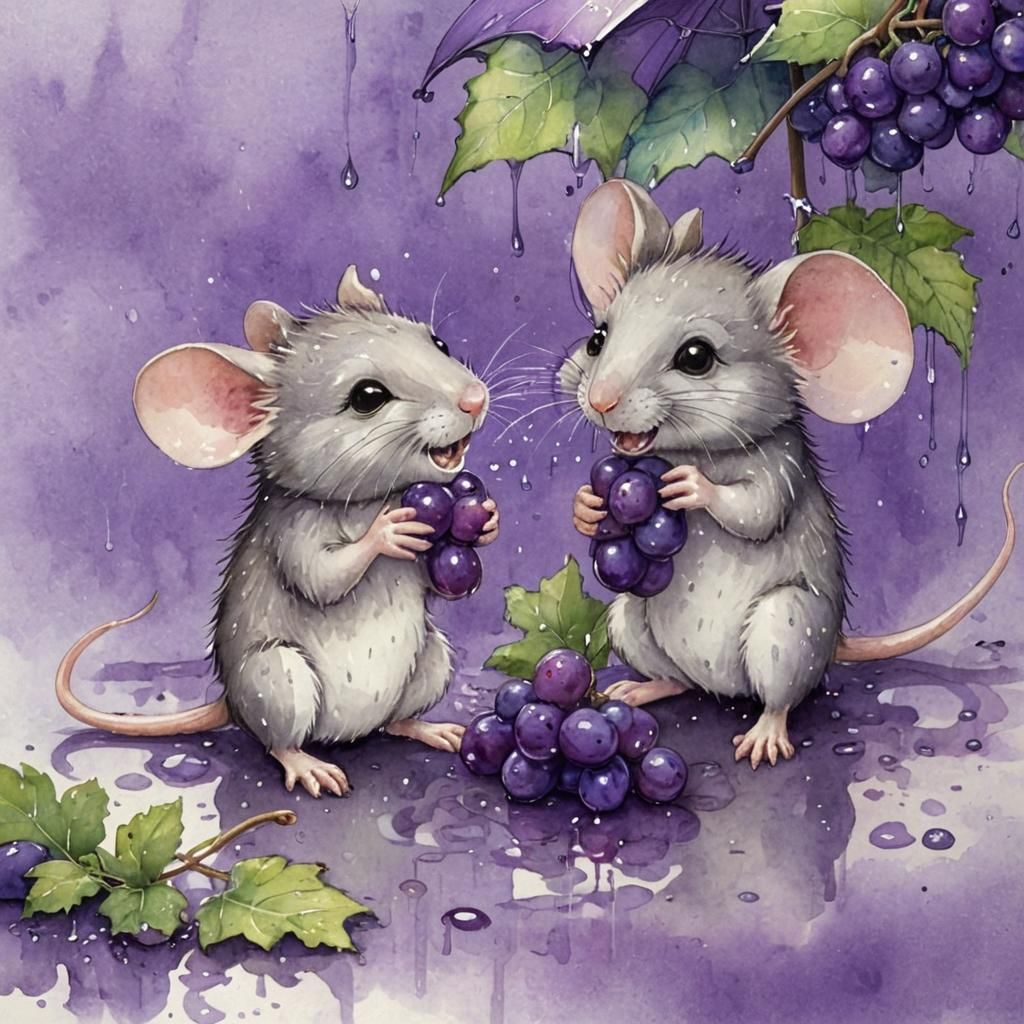 Two Cute Mice Sharing a Grape