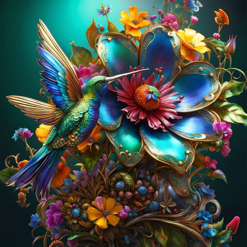 Metal Flower with Hummingbird: Fantasycore Digital Art