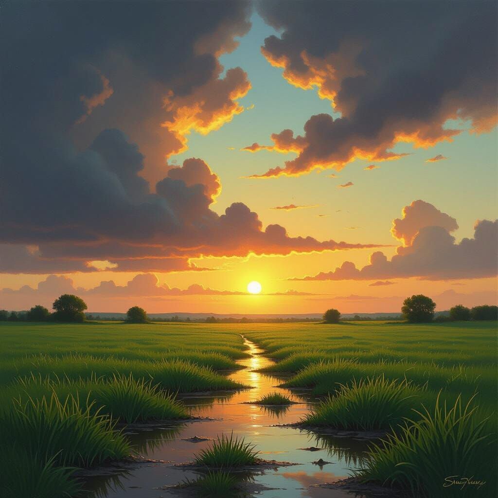 Breathtaking Sunset Over Serene Green Field