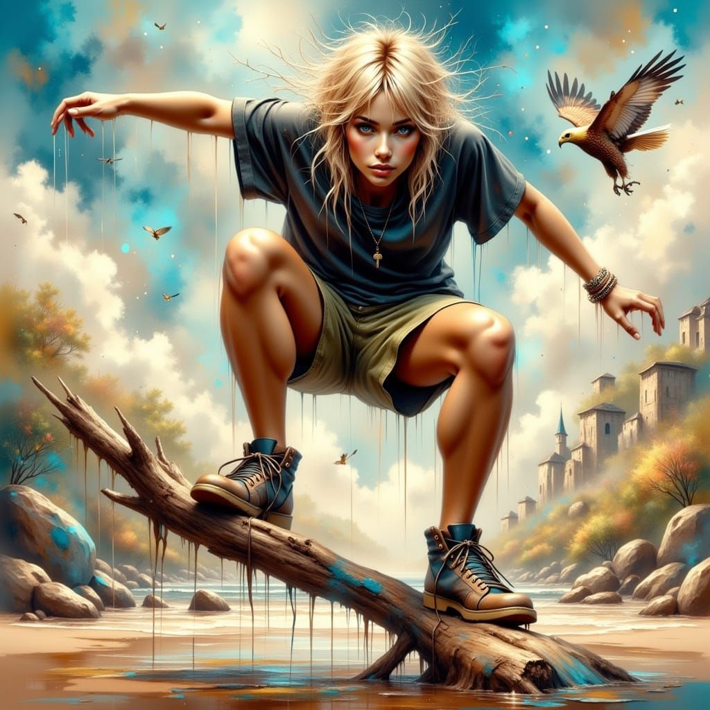 Blonde Woman on Cliff with Eagle in Impasto Style