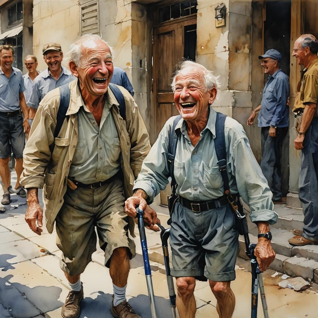 Heartwarming Watercolor of Laughing Man and Boy