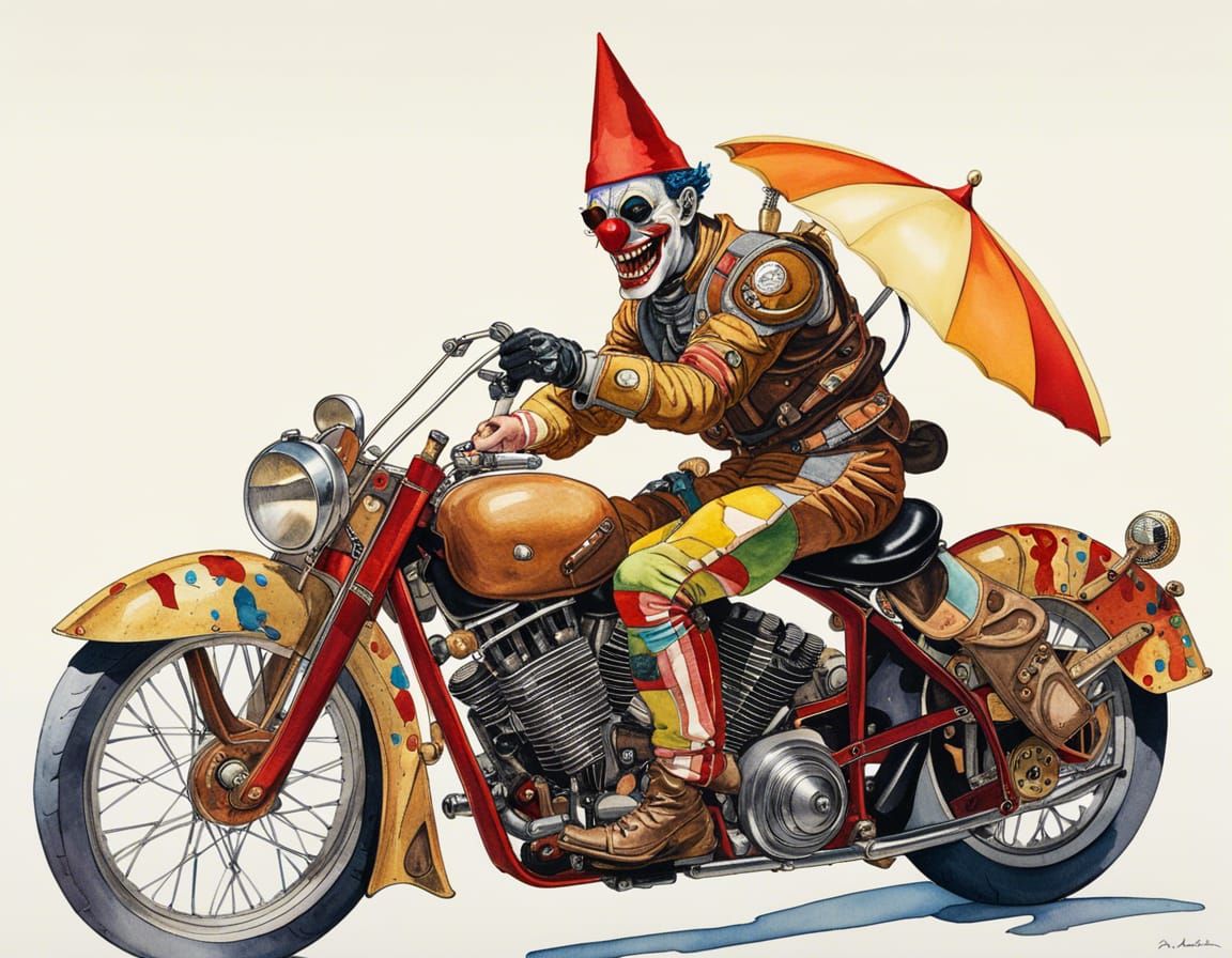 Humanoid Clown on Motorcycle: Digital Watercolor Concept Art