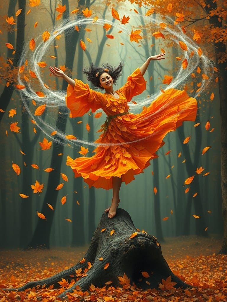 Woman Dancing in Autumn Leaves: An Oil Painting