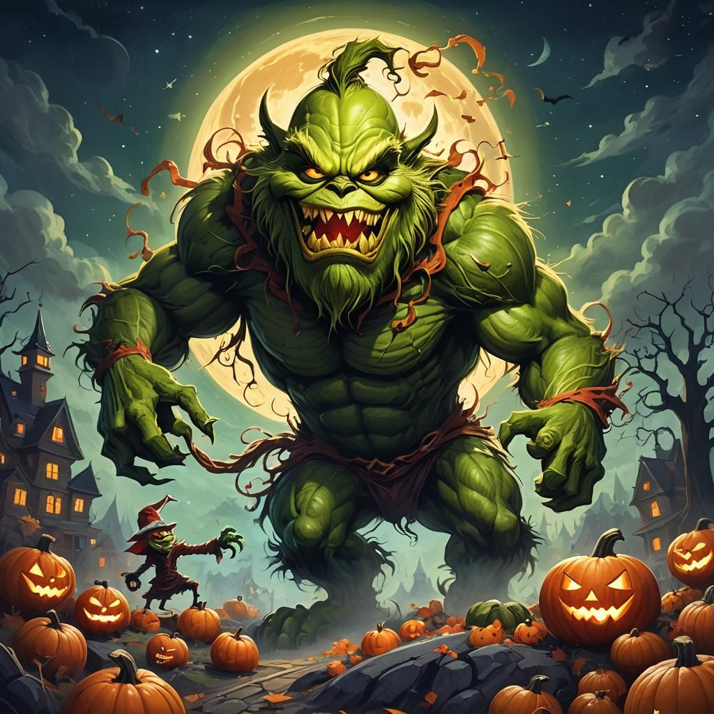 Grinch vs Pumpkin Beast: Fantasy Halloween Illustration