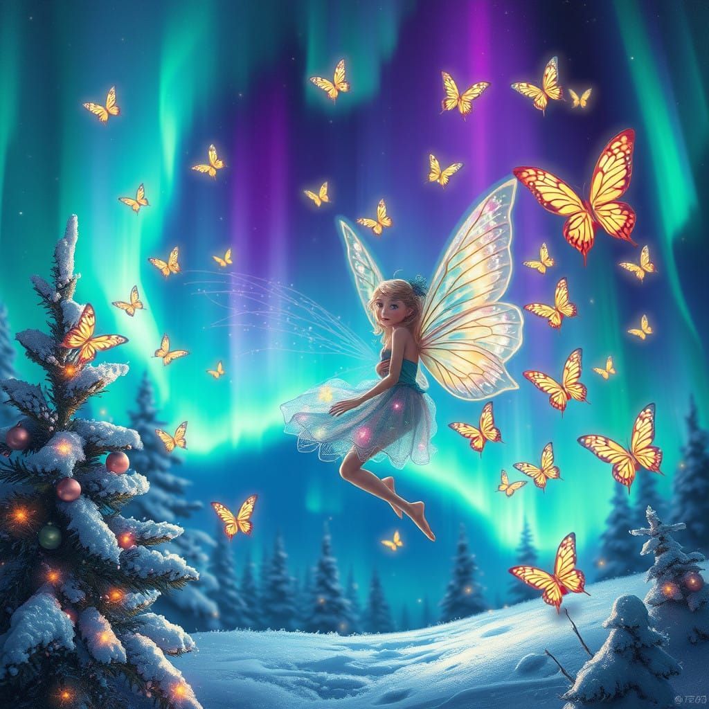 Whimsical Christmas Fairy in Vibrant Aurora Borealis Scene