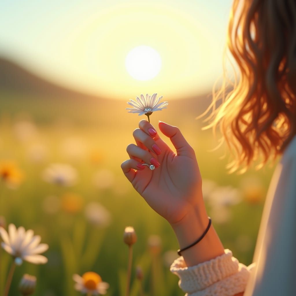 Diamond Ring and Daisy in 3D Rendered Meadow
