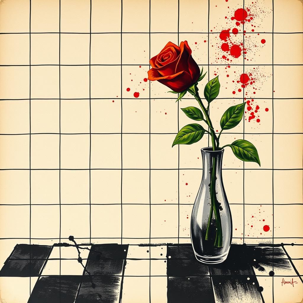 Rose in Vase on Checkerboard in Abstract Style