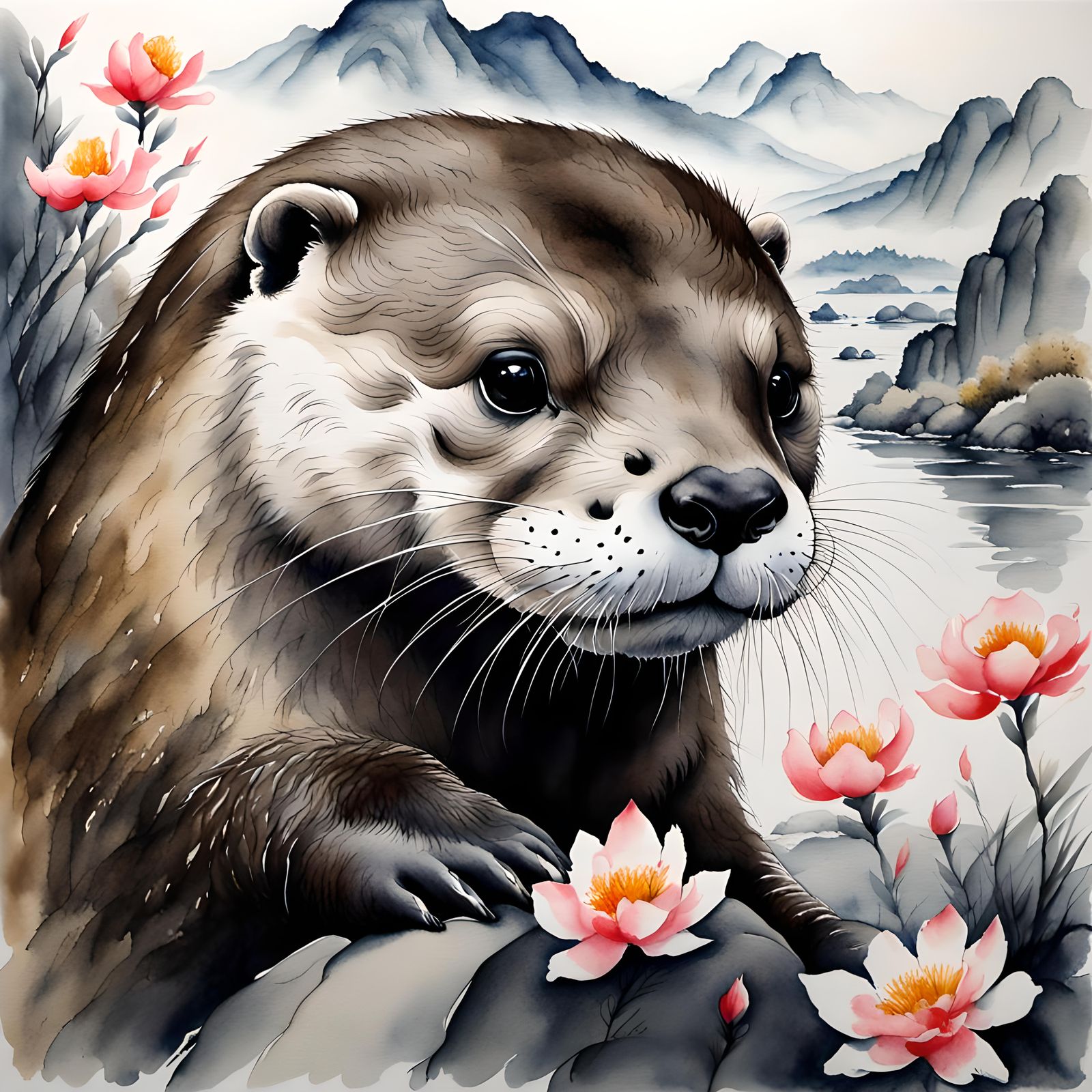 Otter in Mystical Floral Landscape as Watercolor Painting