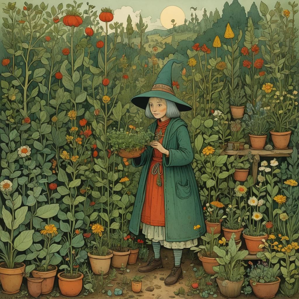 Herb Witch in Garden: Naive Art Illustration