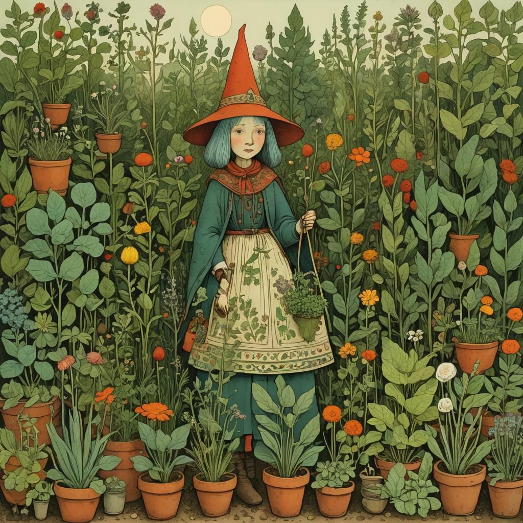 Ancient Herb Witch in Vibrant Garden Landscape