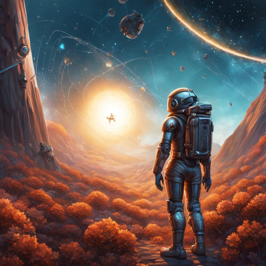 Alien Astronaut Examines Meteor Shower: Airbrush Art