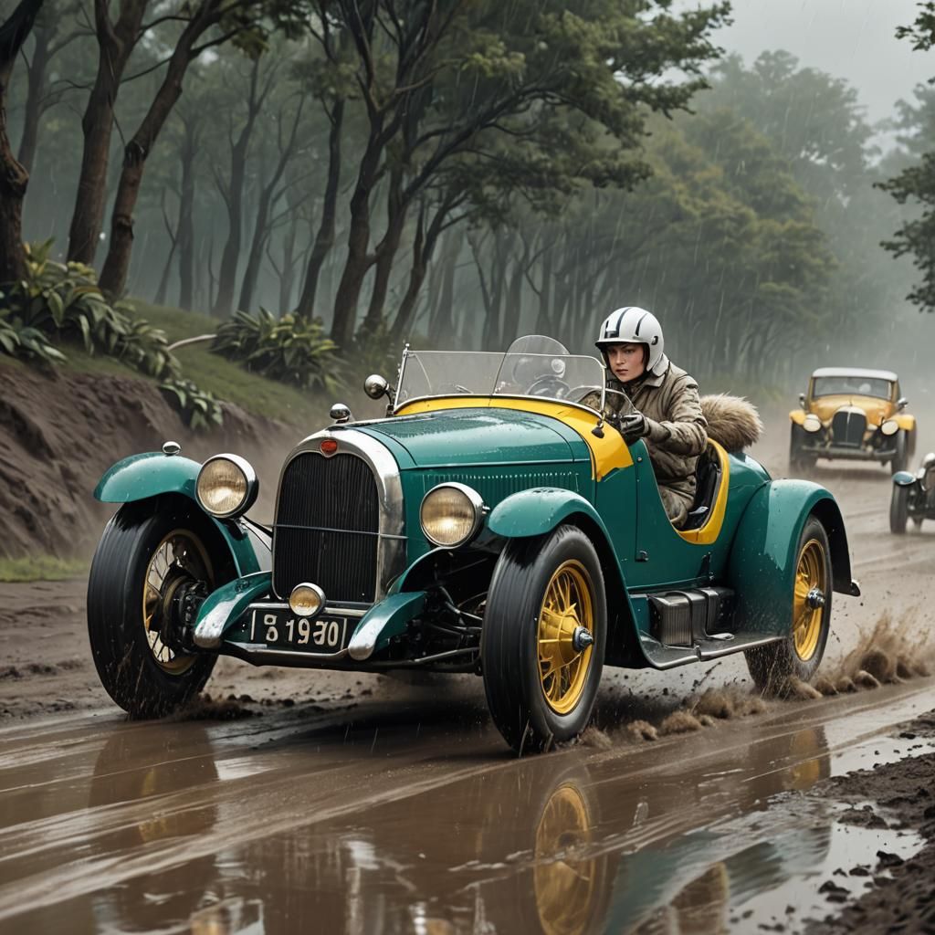Felinoid Racer in 1930s Teal Car, Detailed Painting