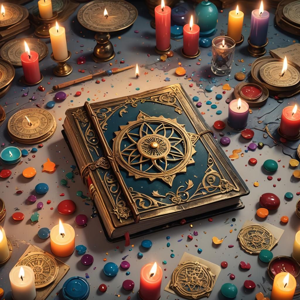 Magic Grimoire with Candles in Splash Art Style