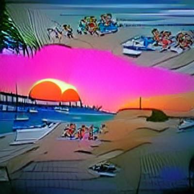 Vibrant 80s Cartoon Sunset Beach Scene