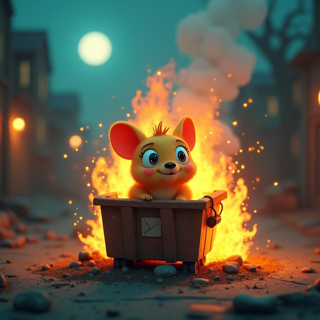Cartoon Creature Emerges from Whimsical Dumpster Fire
