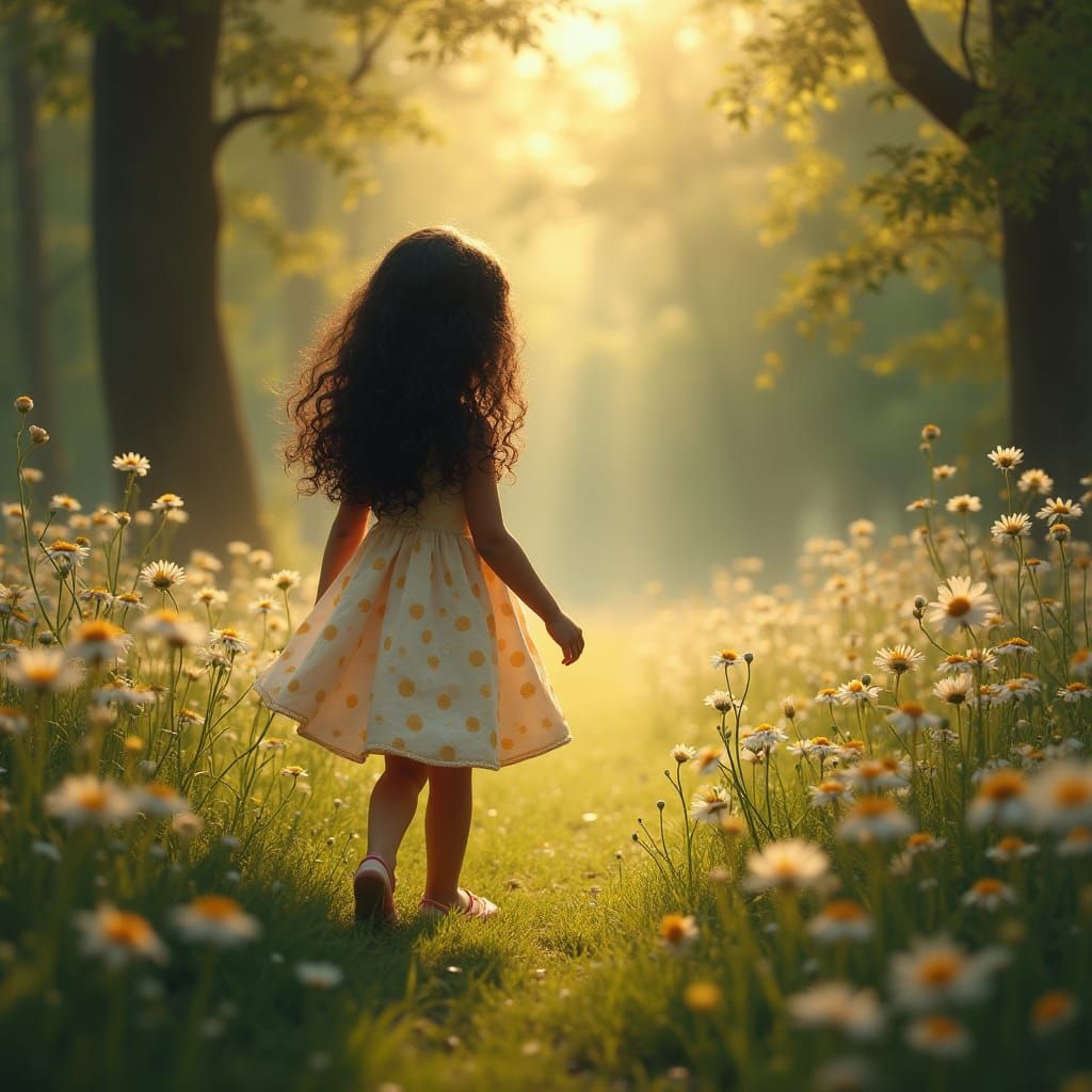 Girl on Daisy Trail in Dreamy Kinkade Style
