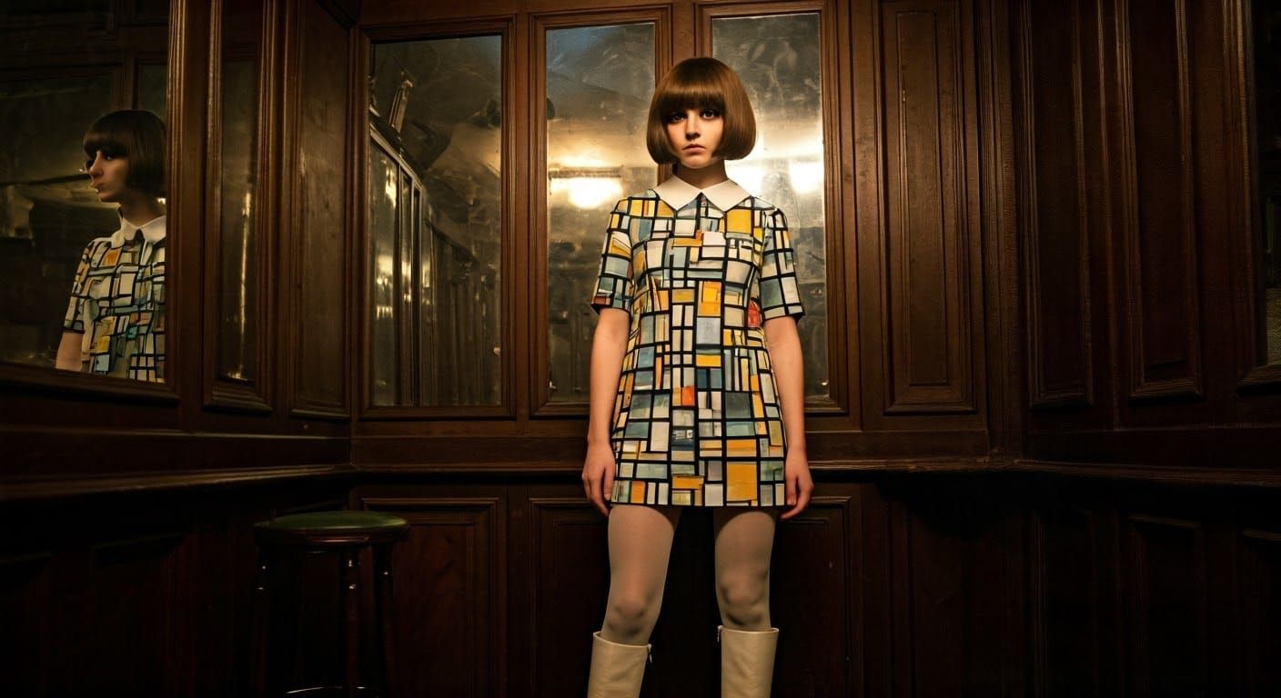 Mod Woman in Mondrian Dress, Cinematic Style